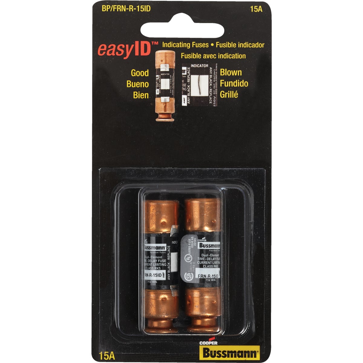 Bussmann 15A FRN-R Cartridge Heavy-Duty Time Delay Cartridge Fuse (2-Pack)