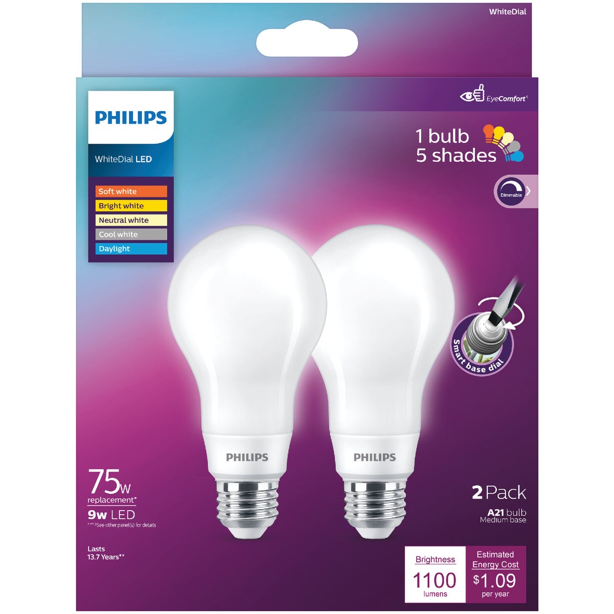 Philips WhiteDial 75W Equivalent Multi CCT A21 Medium LED Light Bulb (2-Pack)