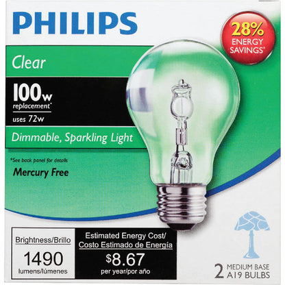 Philips 100W Equivalent Clear Medium Base A19 Halogen Light Bulb (2-Pack)