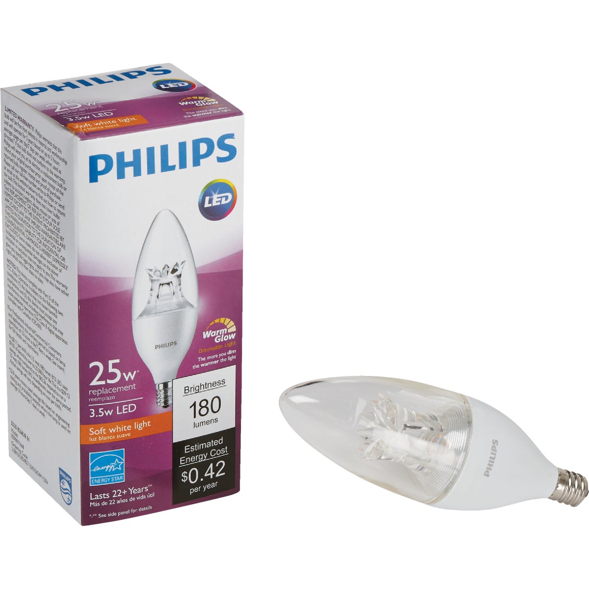 Philips Warm Glow 25W Equivalent Soft White B12 Candelabra Dimmable LED Decorative Light Bulb