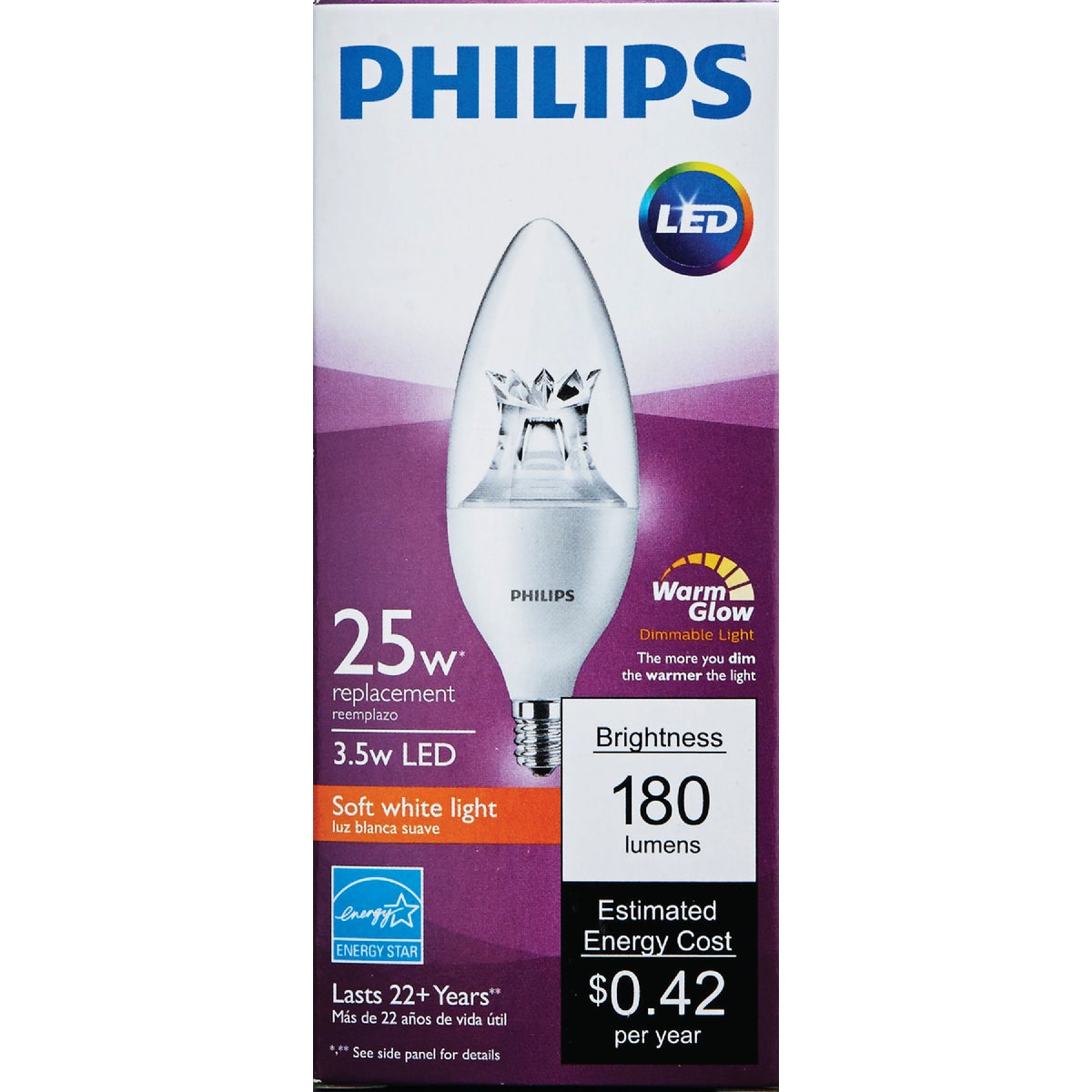 Philips Warm Glow 25W Equivalent Soft White B12 Candelabra Dimmable LED Decorative Light Bulb