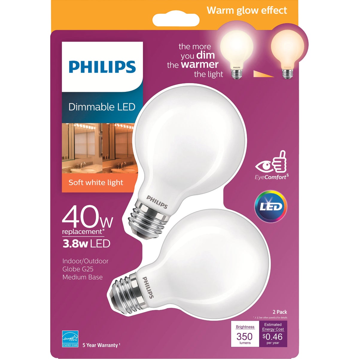 Philips Warm Glow 40W Equivalent Soft White G25 Medium Dimmable Frosted LED Decorative Globe Light Bulb (2-Pack)