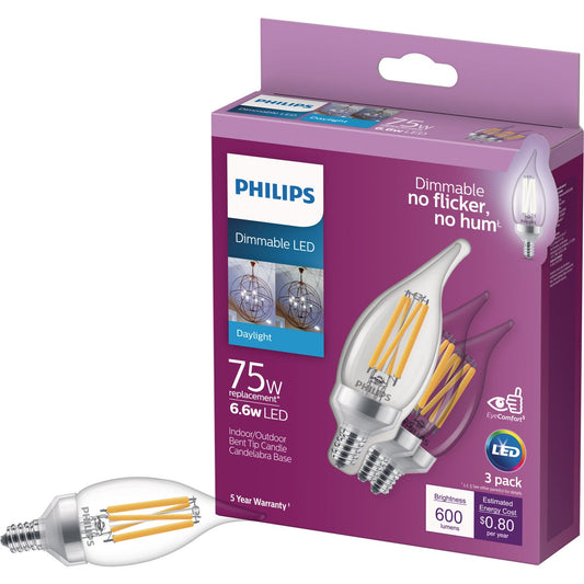 Philips 75W Equivalent Daylight BA11 Candelabra Dimmable LED Light Bulb (3-Pack)