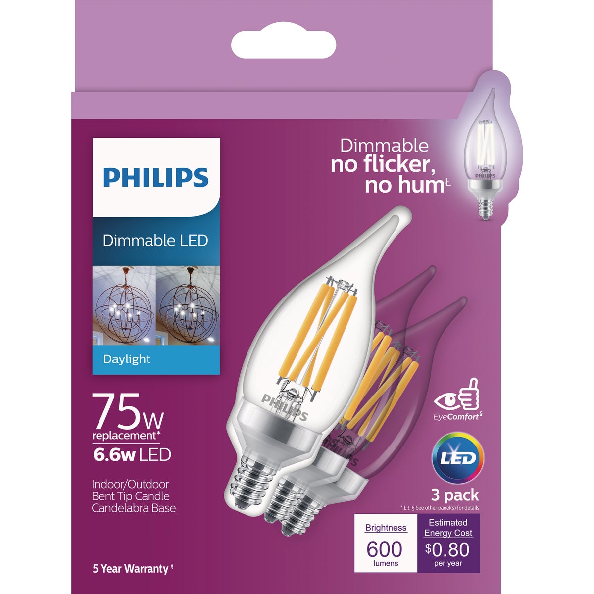 Philips 75W Equivalent Daylight BA11 Candelabra Dimmable LED Light Bulb (3-Pack)