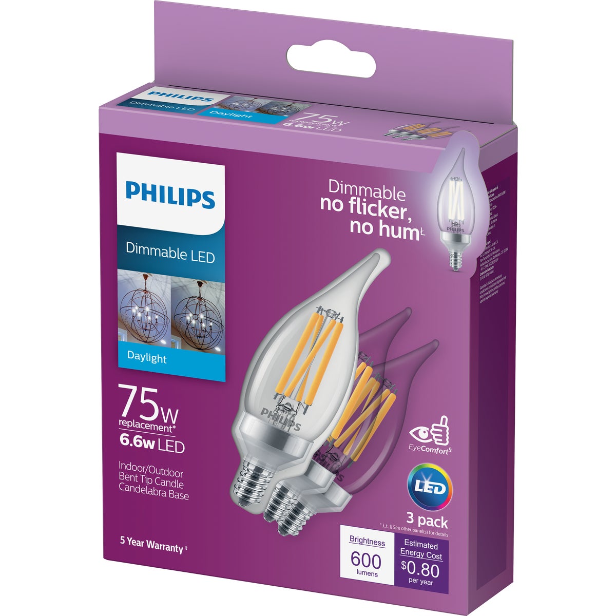 Philips 75W Equivalent Daylight BA11 Candelabra Dimmable LED Light Bulb (3-Pack)