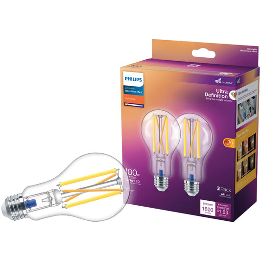 Philips Ultra Definition Warm Glow Vintage 100W Equivalent Soft White A21 Medium LED Light Bulb (2-Pack)