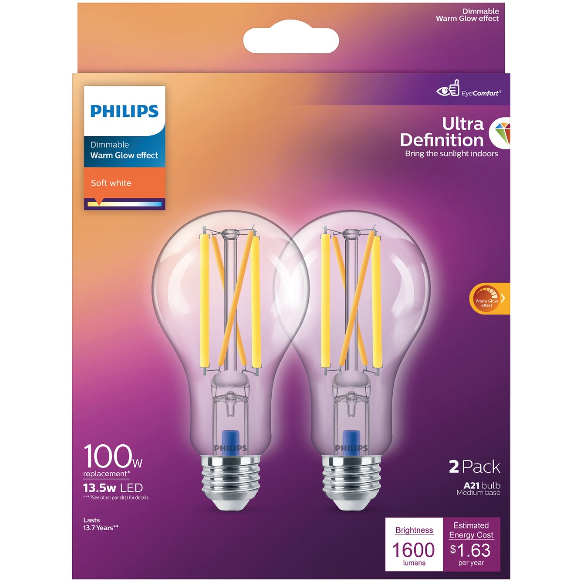 Philips Ultra Definition Warm Glow Vintage 100W Equivalent Soft White A21 Medium LED Light Bulb (2-Pack)