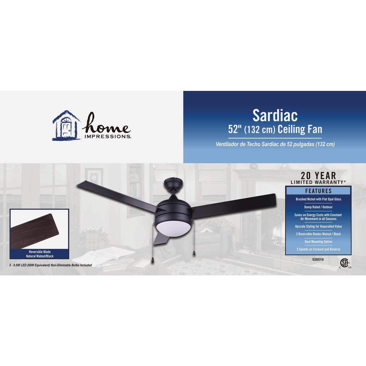 Home Impressions Sardiac 52 In. Brushed Nickel Outdoor Ceiling Fan with Light Kit