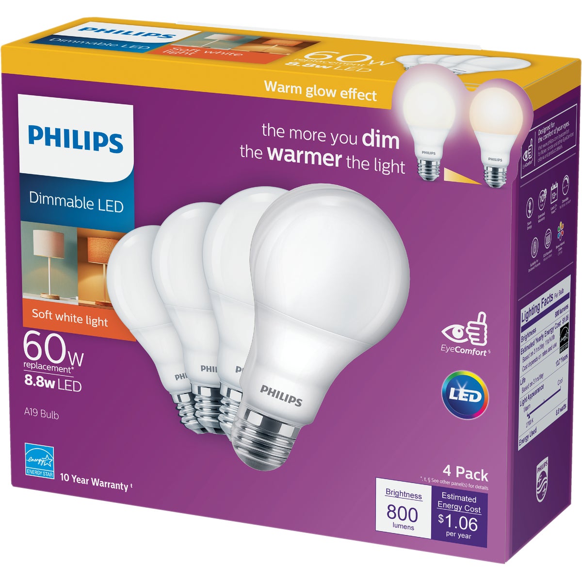 Philips Warm Glow 60W Equivalent Soft White A19 Medium Dimmable LED Light Bulb (4-Pack)