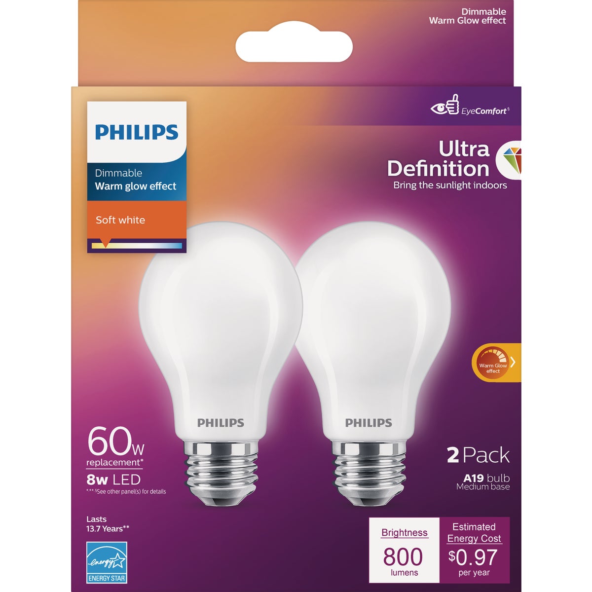 Philips Ultra Definition Warm Glow 60W Equivalent Soft White A19 Medium LED Light Bulb (2-Pack)