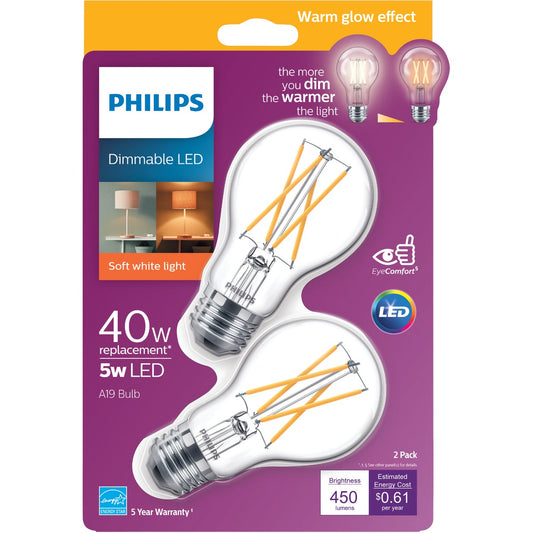 Philips Warm Glow 40W Equivalent Soft White A19 Medium Dimmable LED Light Bulb (2-Pack)