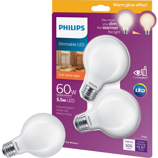 Philips Warm Glow 60W Equivalent Soft White G25 Medium Frosted Dimmable LED Decorative Globe Light Bulb (2-Pack)