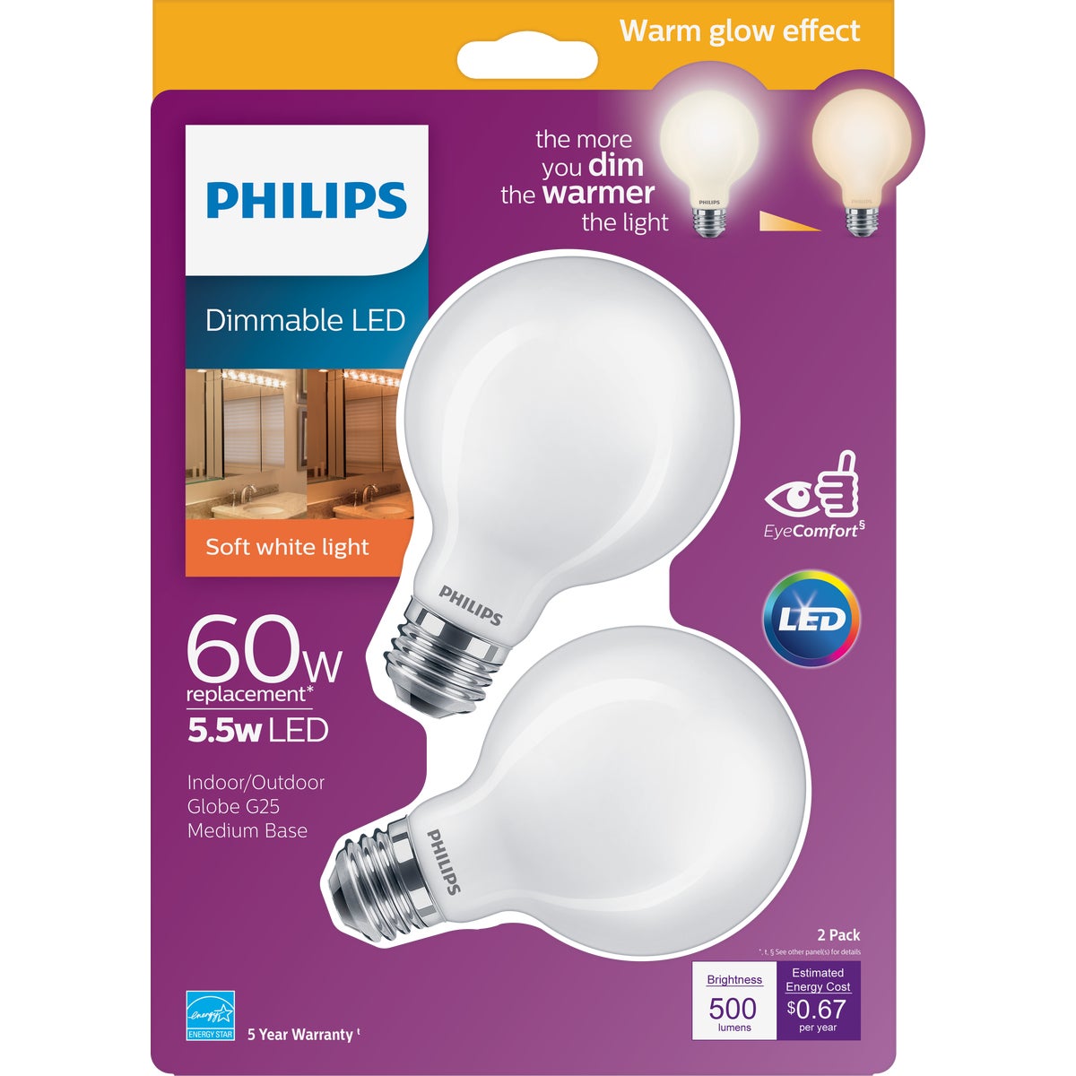 Philips Warm Glow 60W Equivalent Soft White G25 Medium Frosted Dimmable LED Decorative Globe Light Bulb (2-Pack)