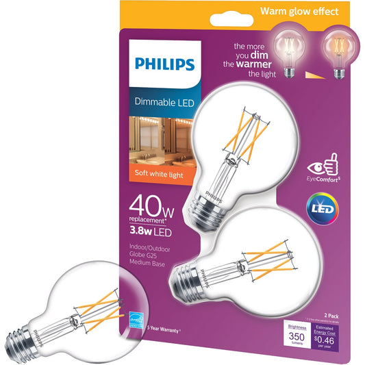 Philips Warm Glow 40W Equivalent Soft White G25 Medium Clear Dimmable LED Decorative Globe Light Bulb (2-Pack)