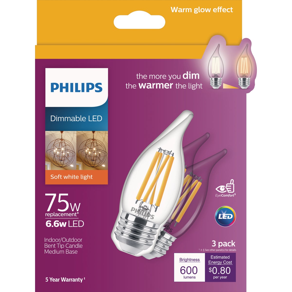 Philips Warm Glow 75W Equivalent Soft White BA11 Medium Dimmable LED Light Bulb (3-Pack)