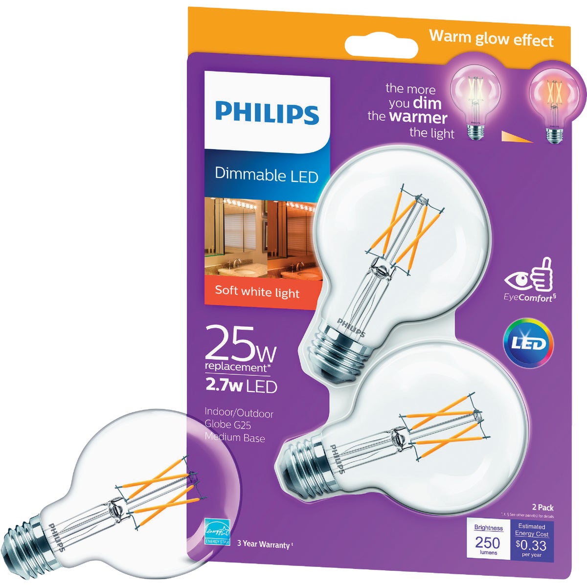 Philips Warm Glow 25W Equivalent Soft White G25 Medium Clear LED Decorative Light Bulb, Title 20 (2-Pack)