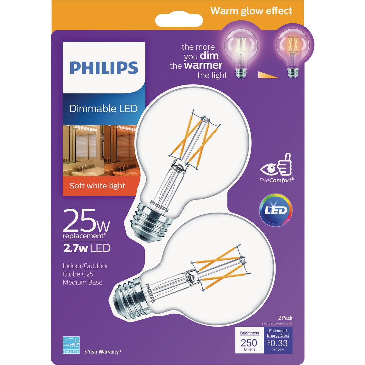 Philips Warm Glow 25W Equivalent Soft White G25 Medium Clear LED Decorative Light Bulb, Title 20 (2-Pack)