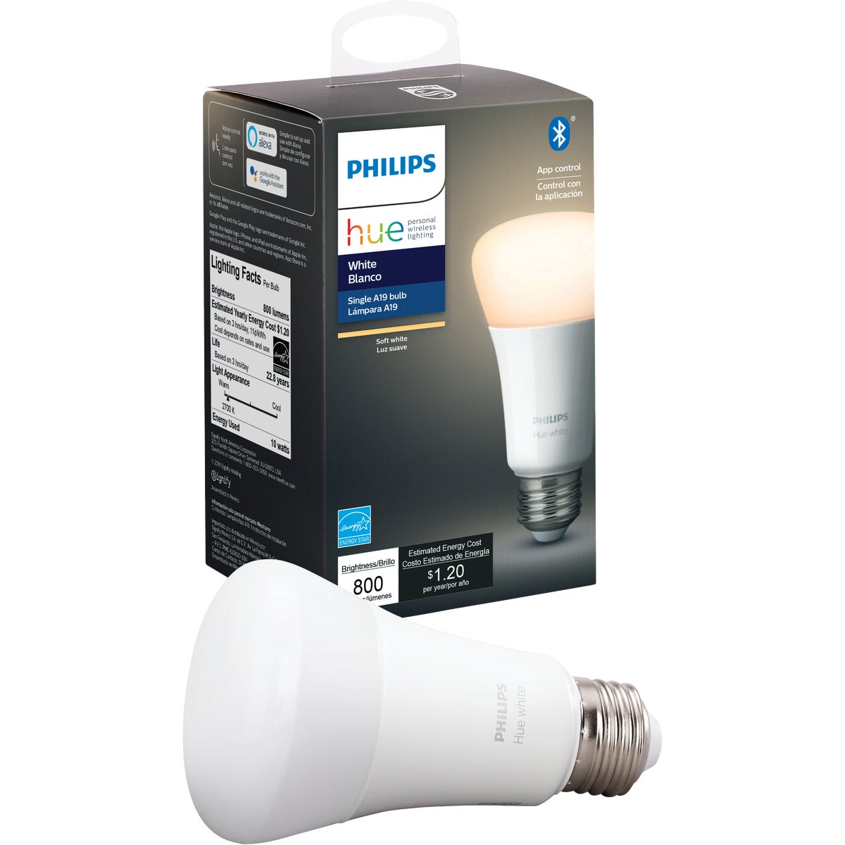 Philips Hue 60W Equivalent Warm White A19 Medium Dimmable LED Smart Light Bulb