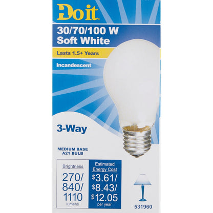Do it 30/70/100W Frosted Soft White Medium Base A21 Incandescent 3-Way Light Bulb