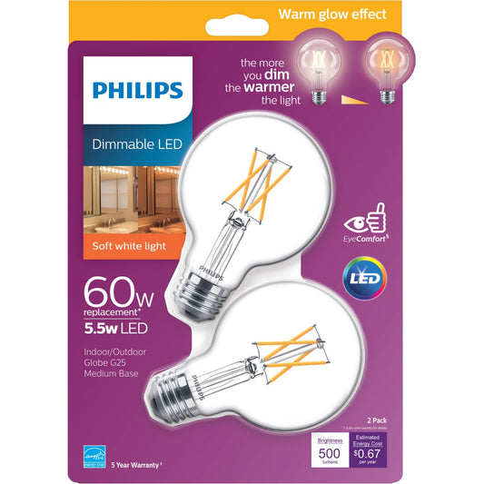 Philips Warm Glow 60W Equivalent Soft White G25 Medium Clear Dimmable LED Decorative Globe Light Bulb (2-Pack)