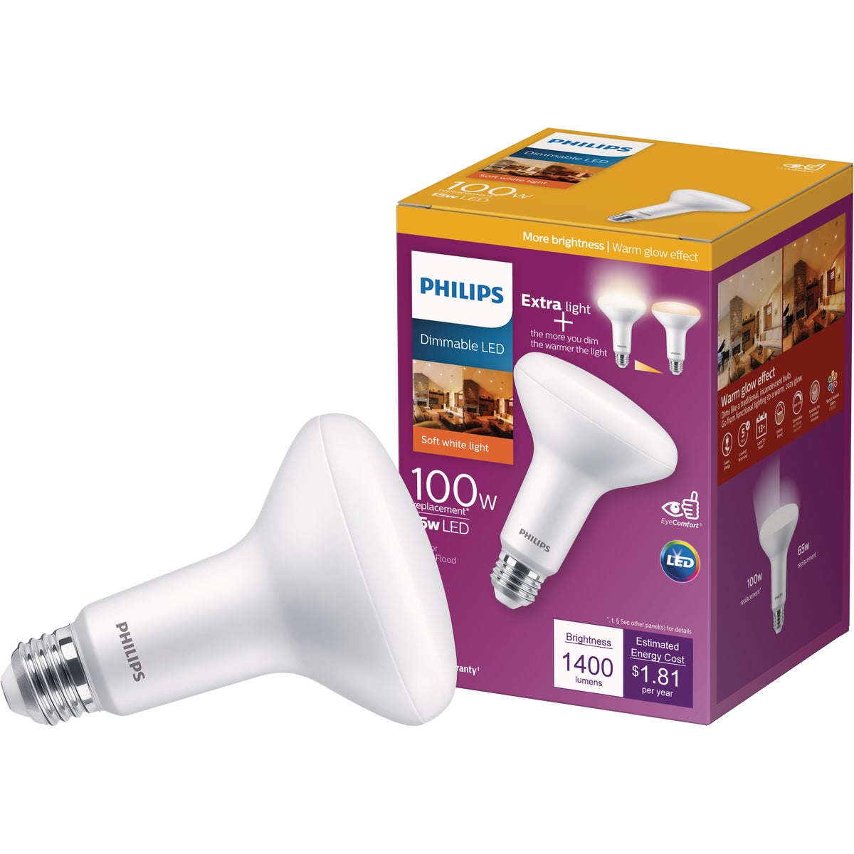 Philips Warm Glow 100W Equivalent Soft White BR30 Medium Dimmable LED Floodlight Light Bulb