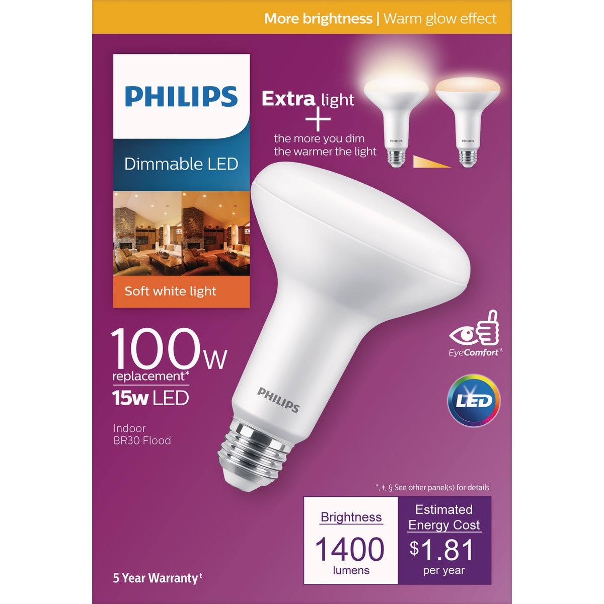 Philips Warm Glow 100W Equivalent Soft White BR30 Medium Dimmable LED Floodlight Light Bulb