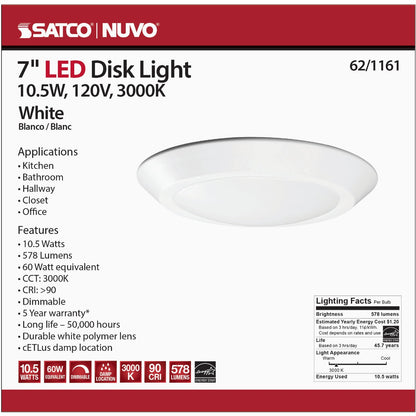 Satco Nuvo 7 In. White 578-Lumen 60W-Equivalent LED Disk Flush Mount Light Fixture