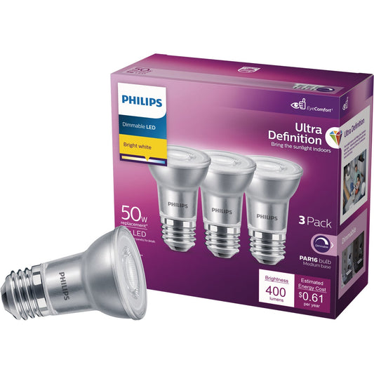 Philips Ultra Definition 50W Equivalent Bright White PAR16 Medium Dimmable LED Floodlight Light Bulb (3-Pack)