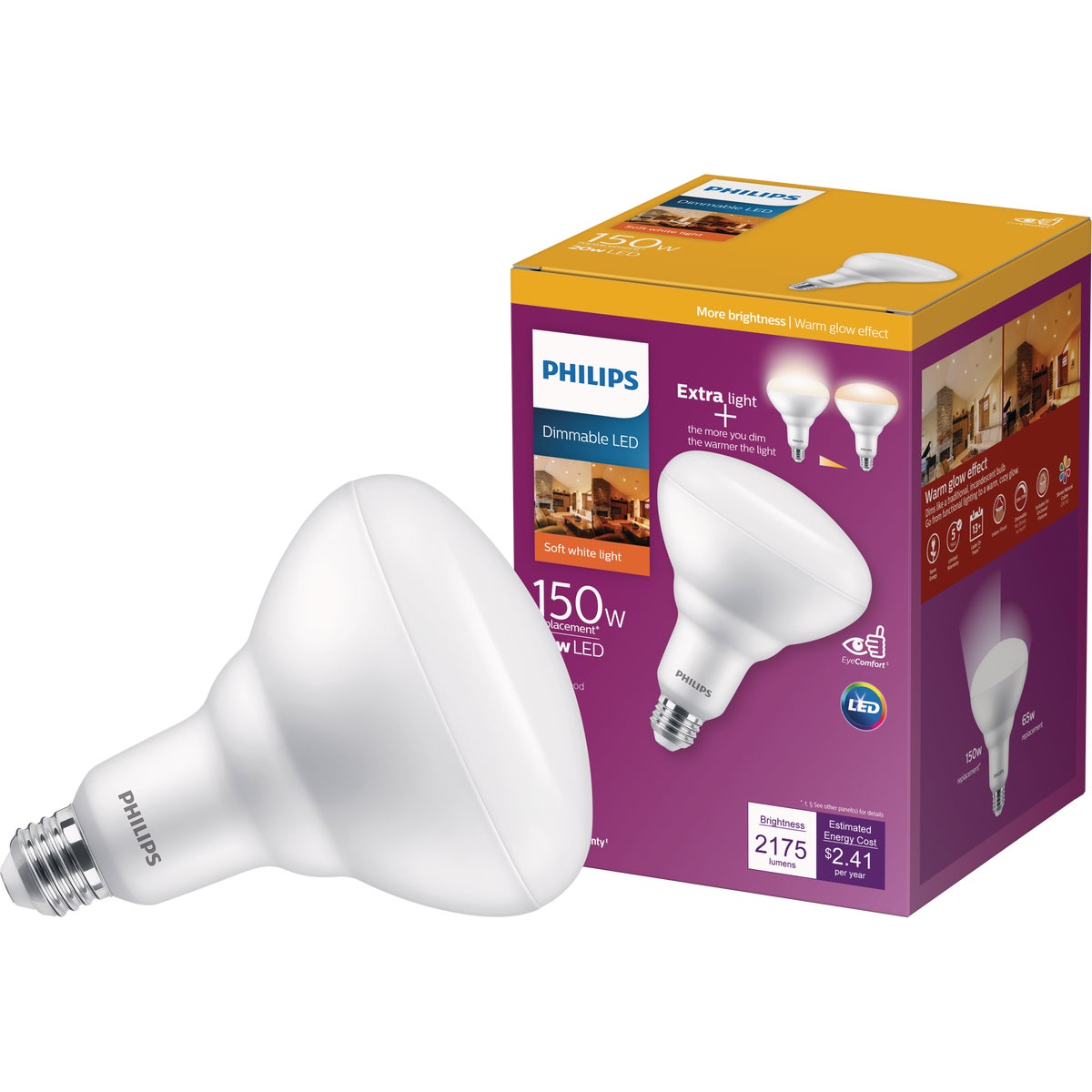 Philips Warm Glow 150W Equivalent Soft White BR40 Medium Dimmable LED Floodlight Light Bulb