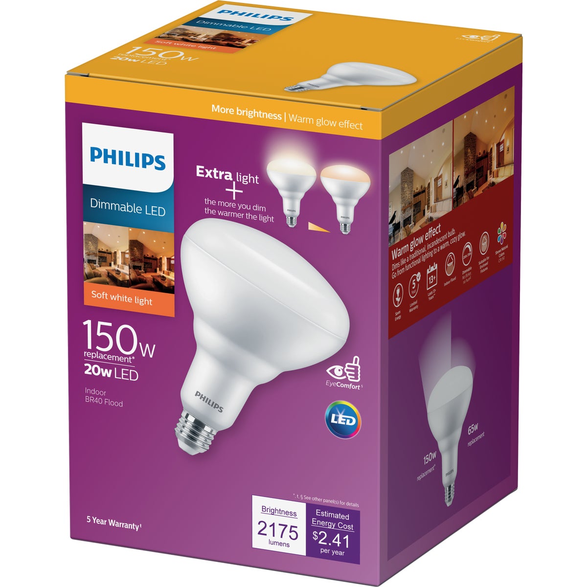 Philips Warm Glow 150W Equivalent Soft White BR40 Medium Dimmable LED Floodlight Light Bulb