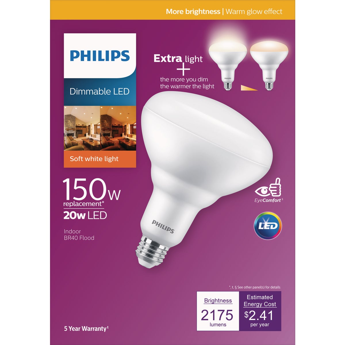 Philips Warm Glow 150W Equivalent Soft White BR40 Medium Dimmable LED Floodlight Light Bulb