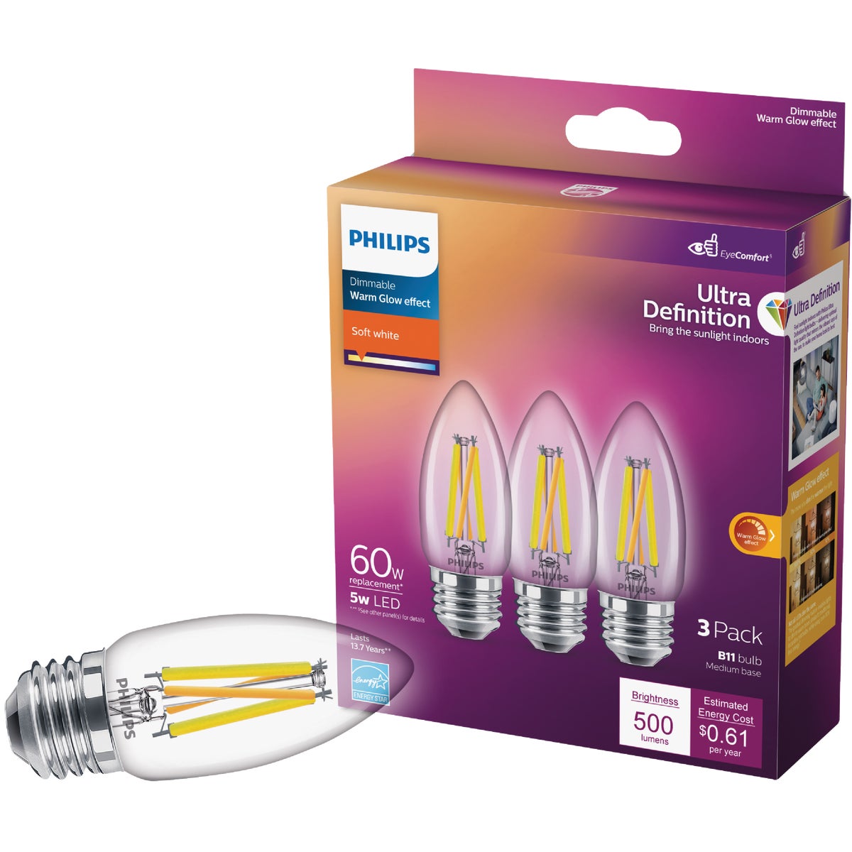 Philips Ultra Definition 60W Equivalent Soft White B11 Medium LED Decorative Light Bulb (3-Pack)