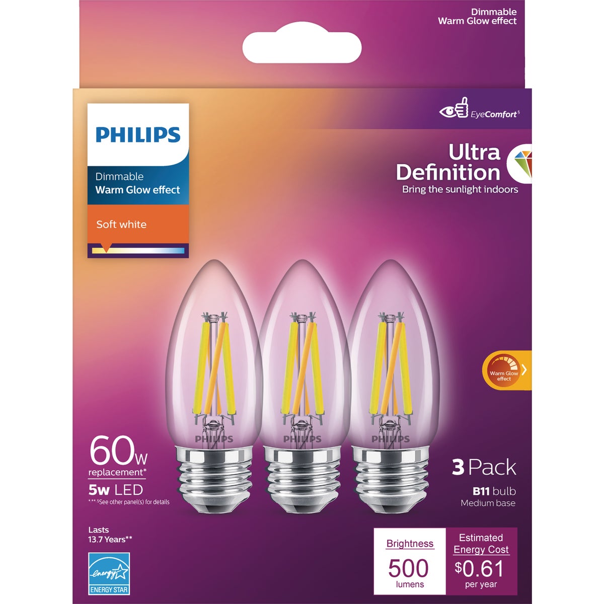 Philips Ultra Definition 60W Equivalent Soft White B11 Medium LED Decorative Light Bulb (3-Pack)