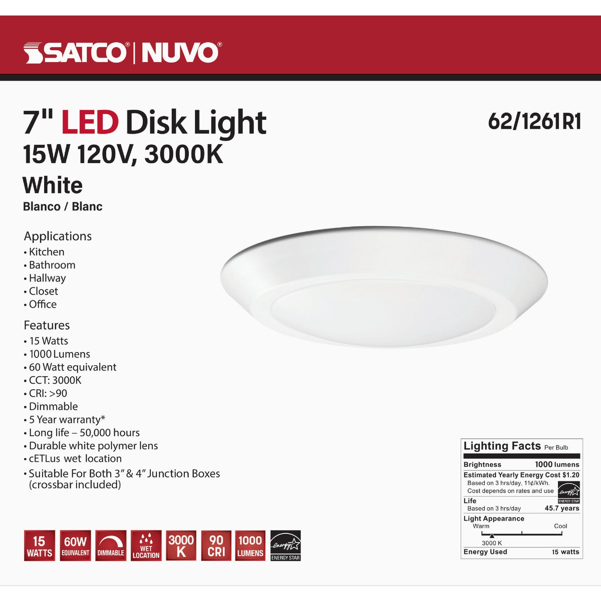 Satco Nuvo 7 In. 60W-Equivalent High-Lumen LED Disk Flush Mount Light Fixture White