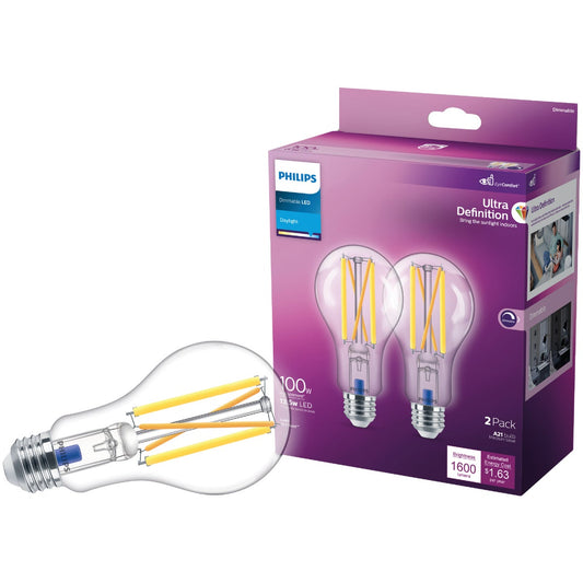 Philips Ultra Definition 100W Equivalent Daylight A21 Medium Dimmable LED Light Bulb, Clear (2-Pack)