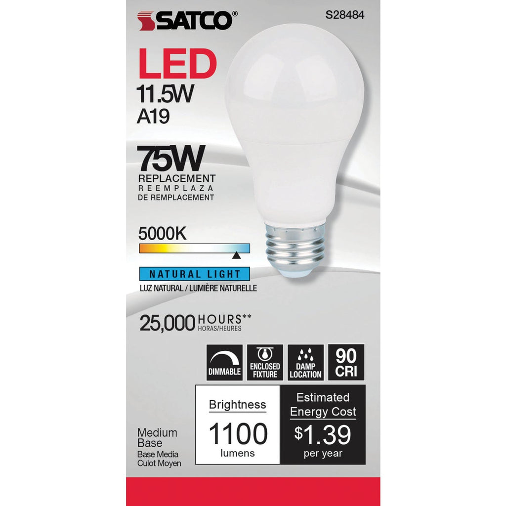 Satco 75W Equivalent Natural Light A19 Medium Dimmable LED Light Bulb