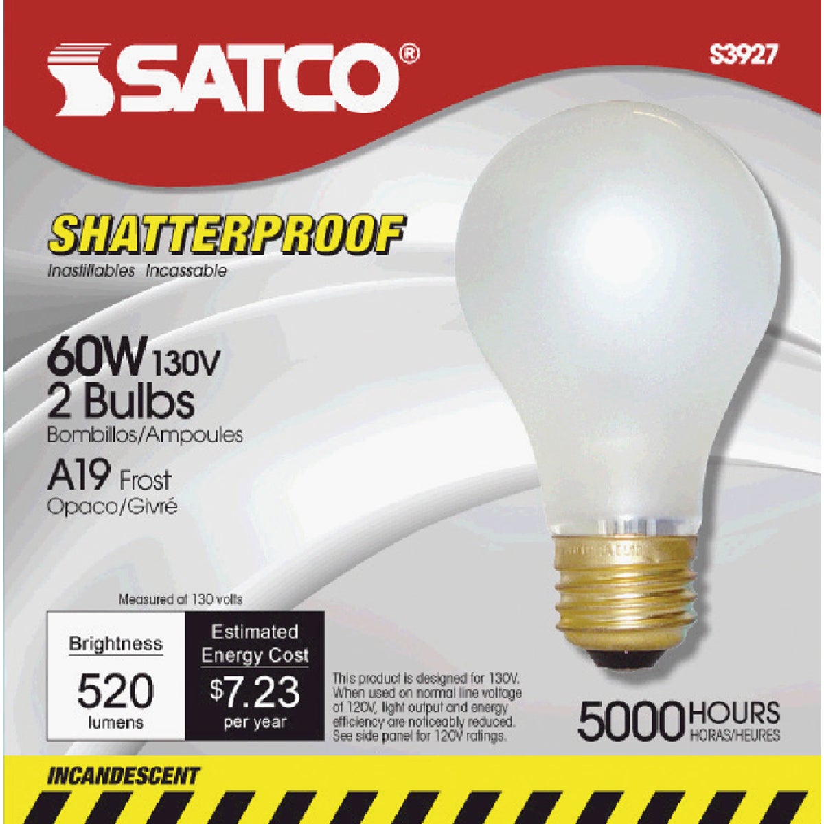 Satco 60W Frosted Medium Base A19 Shatterproof Incandescent Rough Service Light Bulb (2-Pack)