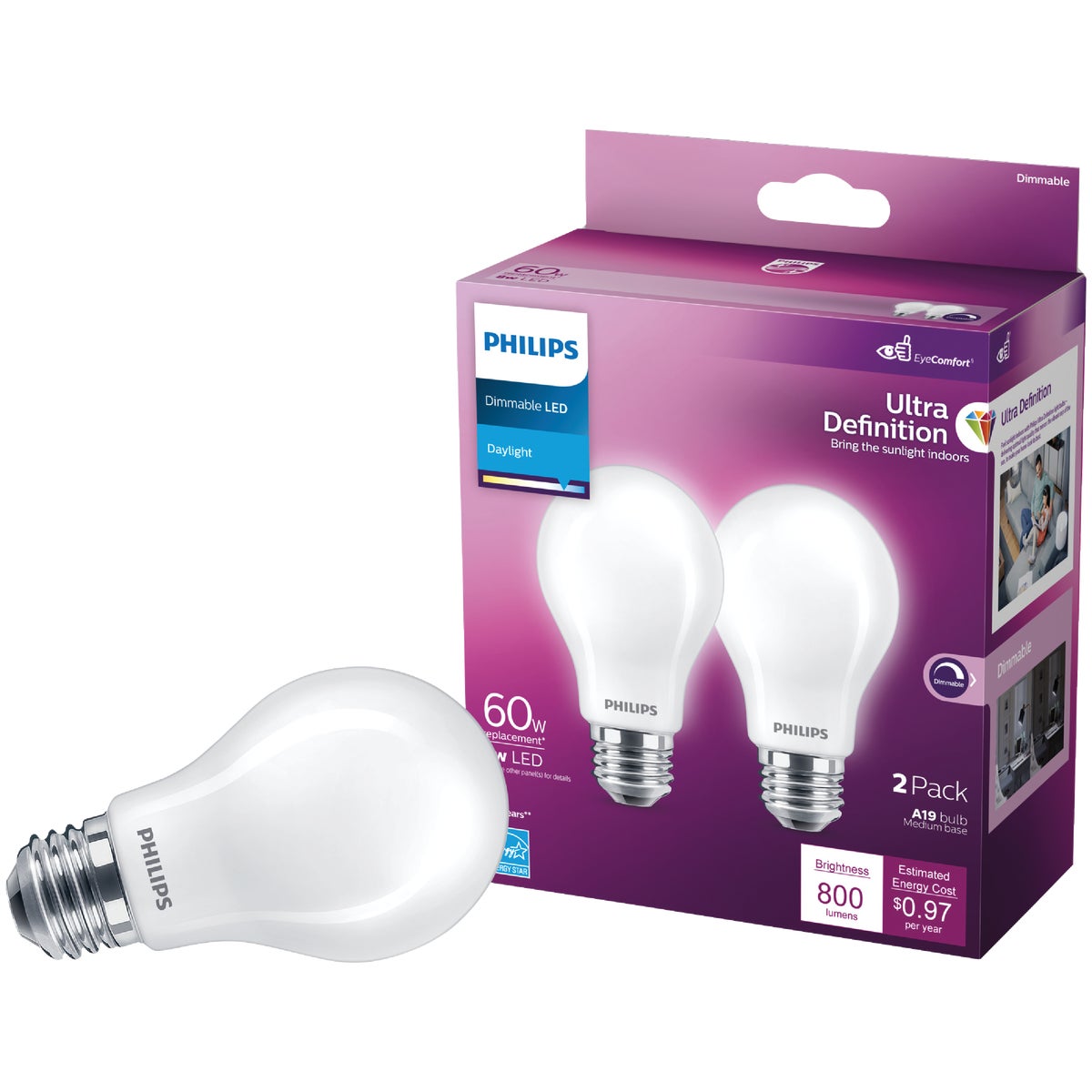 Philips Ultra Definition 60W Equivalent Daylight A19 Medium LED Light Bulb, Frosted (2-Pack)