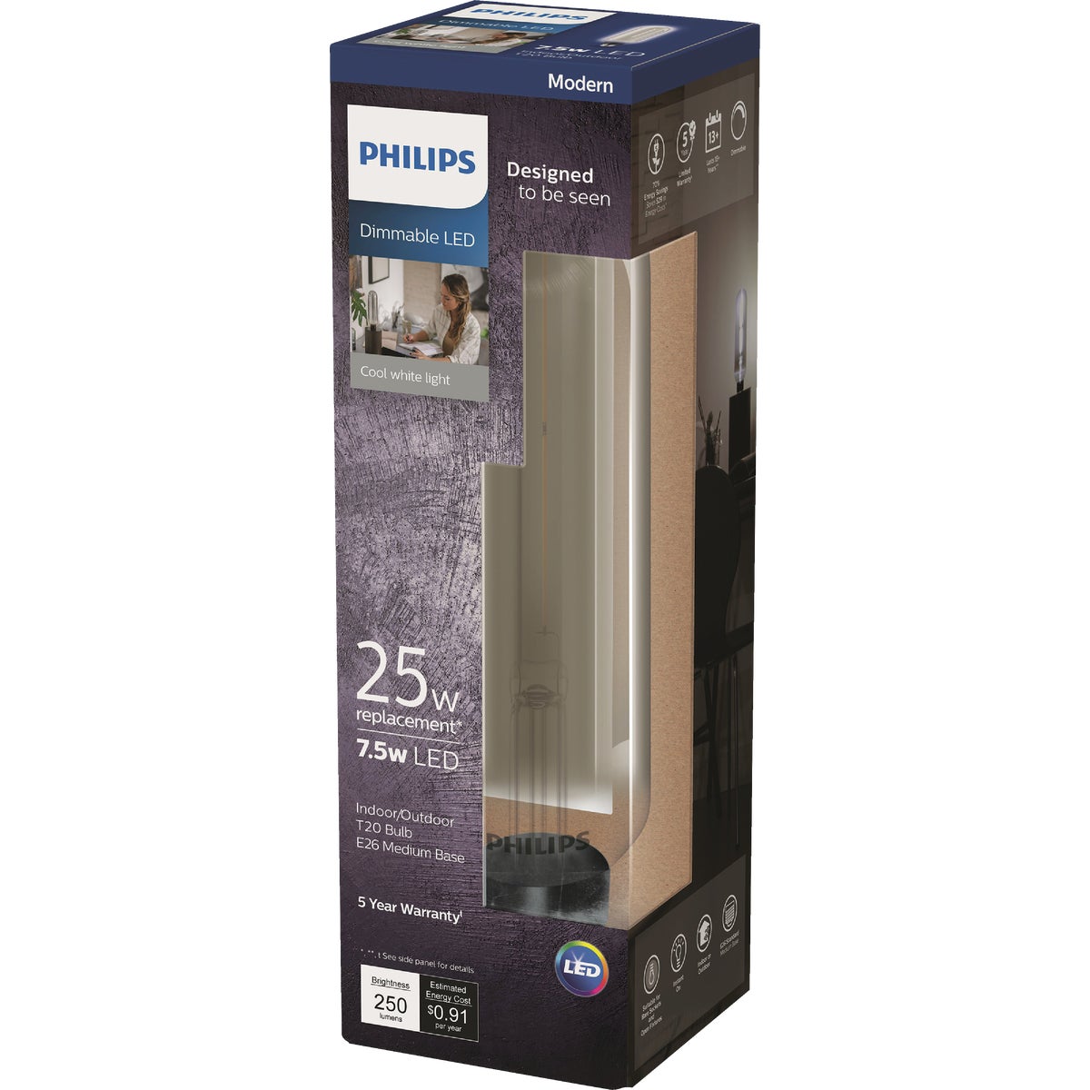 Philips Modern 25W Equivalent Cool White T20 Medium LED Decorative Light Bulb