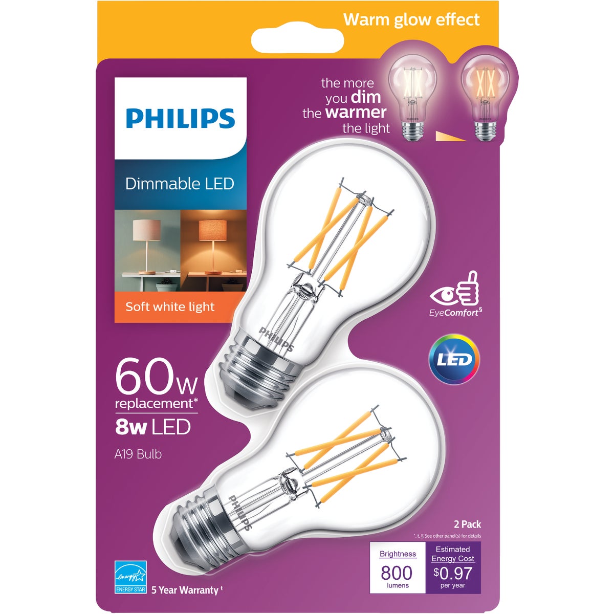 Philips Warm Glow 60W Equivalent Soft White A19 Medium Dimmable LED Light Bulb (2-Pack)