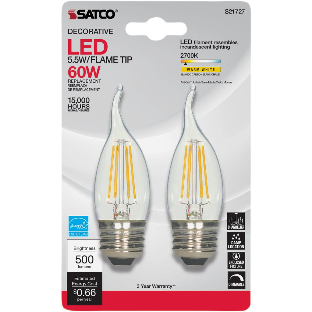 Satco Nuvo 60W Equivalent Warm White Clear CA10 Medium LED Decorative Light Bulb (2-Pack)