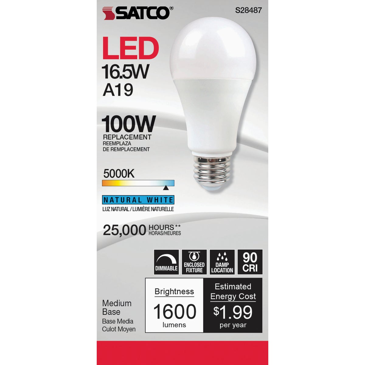 Satco 100W Equivalent Natural Light A21 Medium Dimmable LED Light Bulb