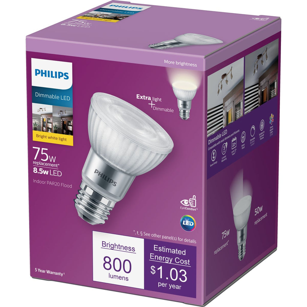 Philips 75W Equivalent Bright White PAR20 Medium Dimmable LED Floodlight Light Bulb