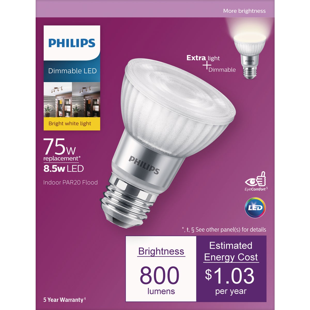 Philips 75W Equivalent Bright White PAR20 Medium Dimmable LED Floodlight Light Bulb