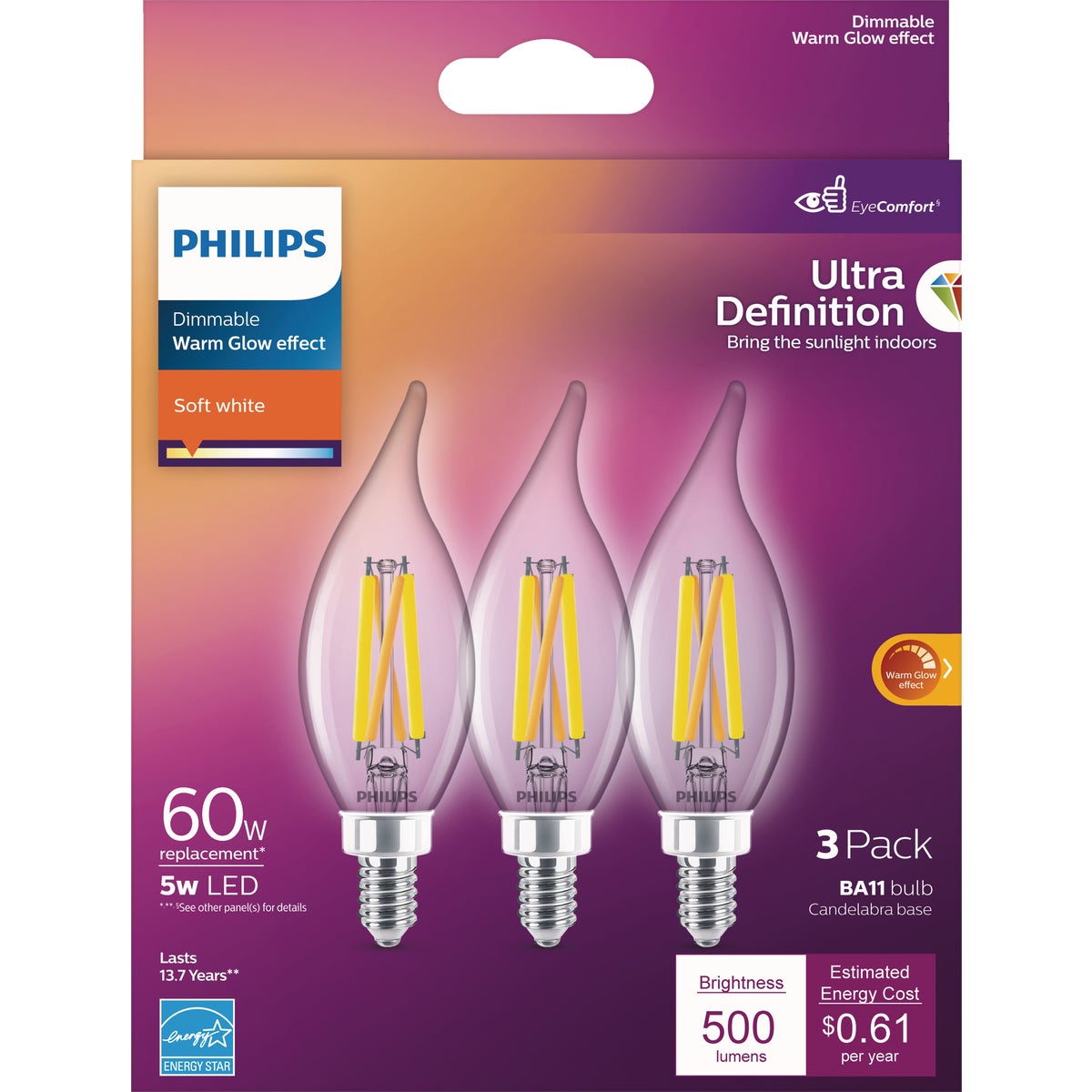 Philips Ultra Definition 60W Equivalent Soft White BA11 Candelabra LED Decorative Light Bulb (3-Pack)