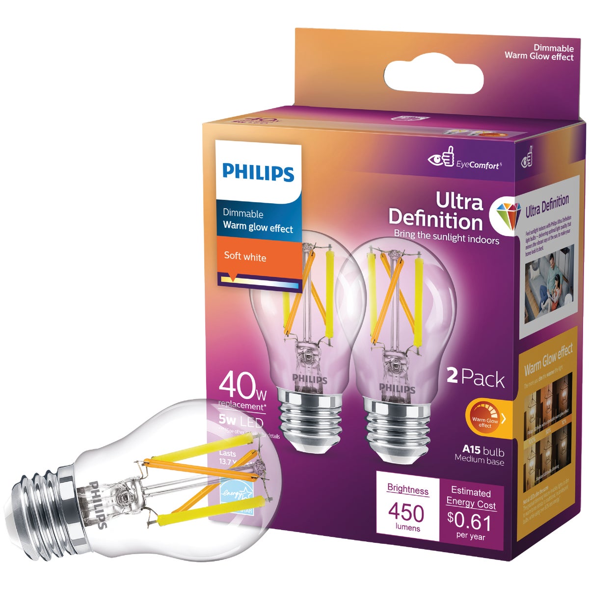 Philips Ultra Definition Warm Glow 40W Equivalent Soft White A15 Medium LED Light Bulb (2-Pack)