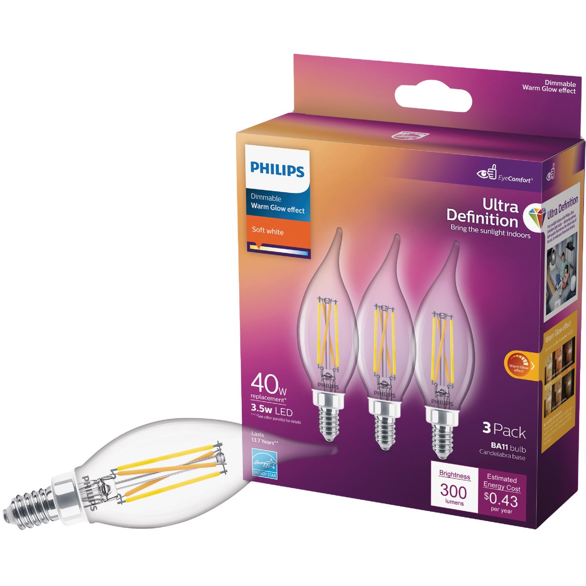 Philips Ultra Definition 40W Equivalent Soft White BA11 Candelabra LED Decorative Light Bulb (3-Pack)