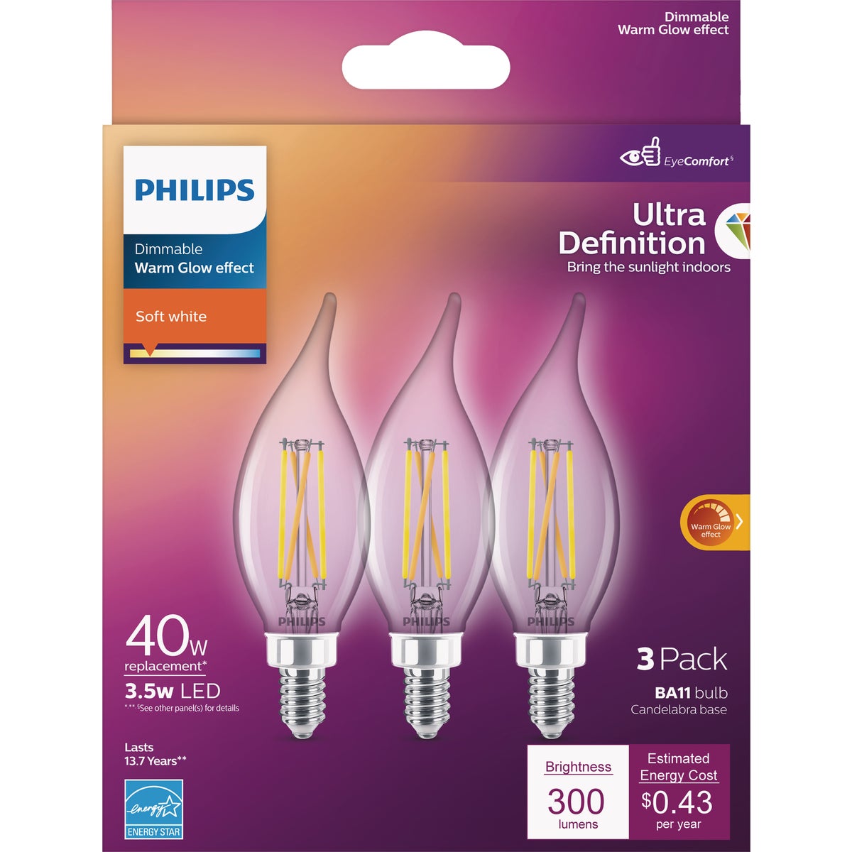 Philips Ultra Definition 40W Equivalent Soft White BA11 Candelabra LED Decorative Light Bulb (3-Pack)