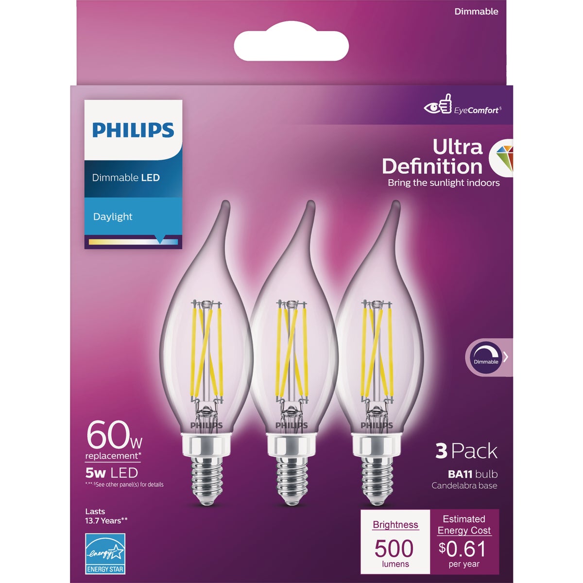 Philips Ultra Definition 60W Equivalent Daylight BA11 Candelabra LED Decorative Light Bulb (3-Pack)