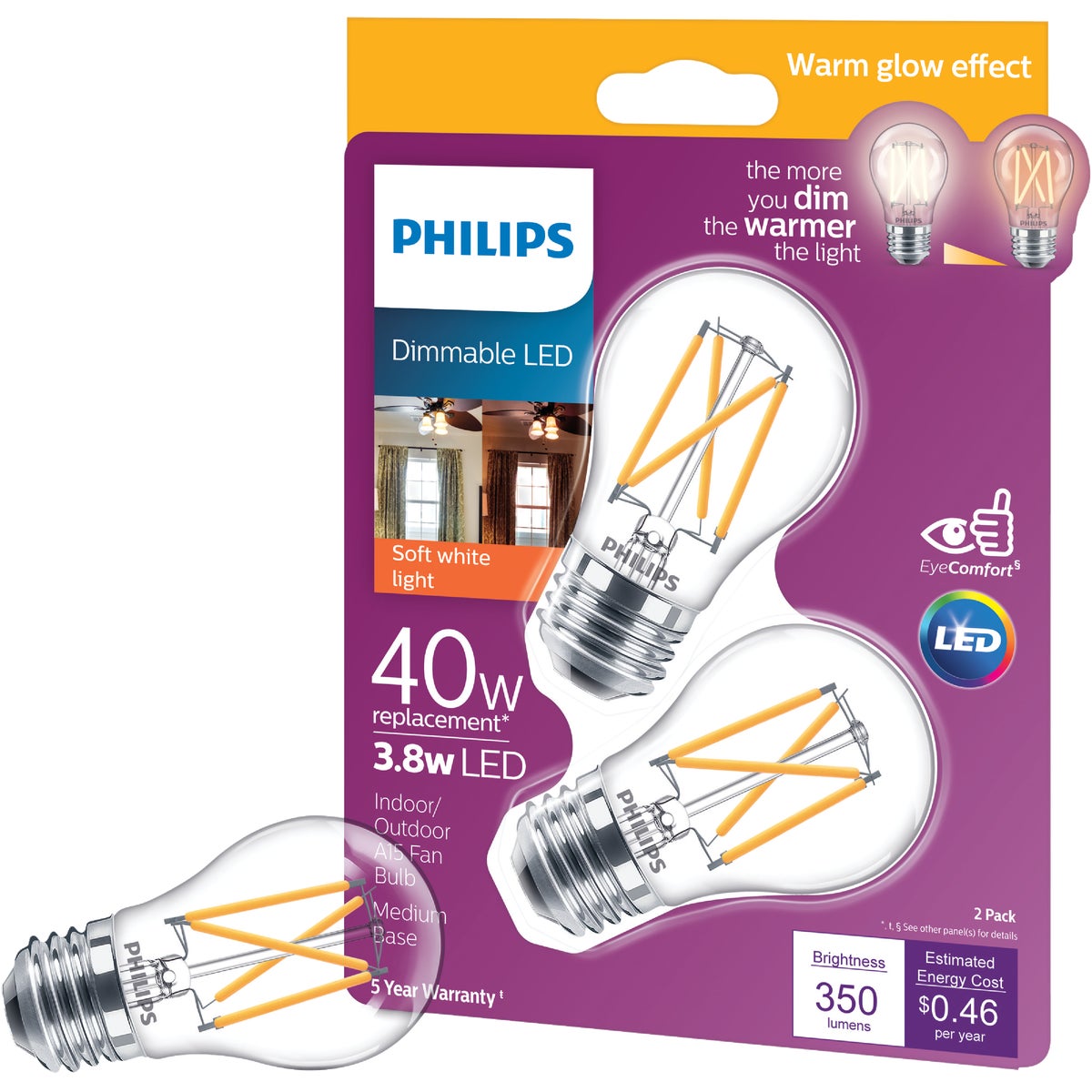 Philips Warm Glow 40W Equivalent A15 Medium Dimmable LED Light Bulb (2-Pack)